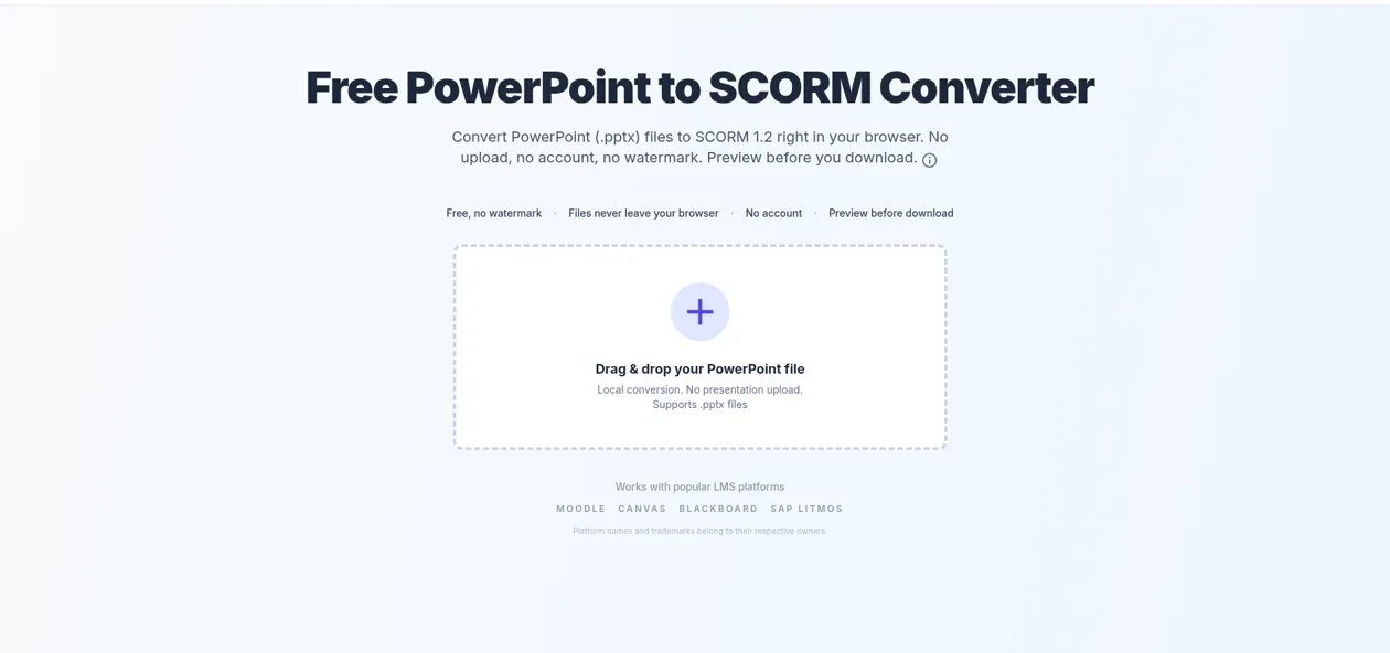 ScormMaker homepage file picker for converting a PowerPoint PPTX file to SCORM in the browser