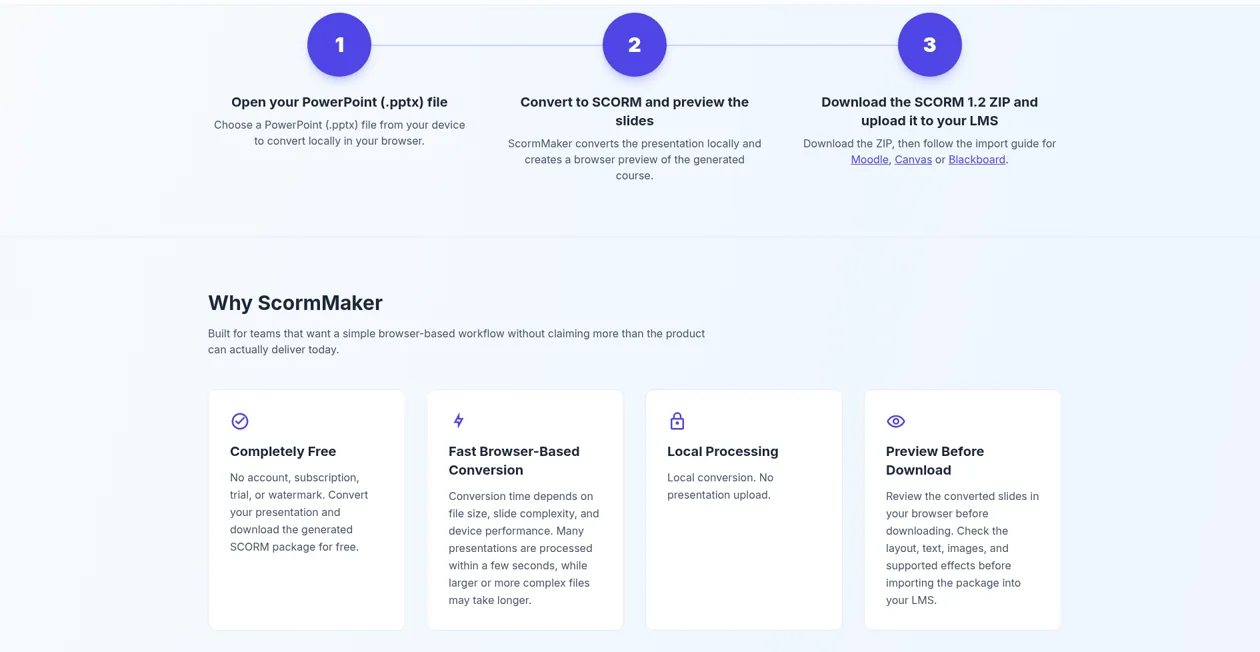 ScormMaker homepage marketing feature section with the Preview Before Download card